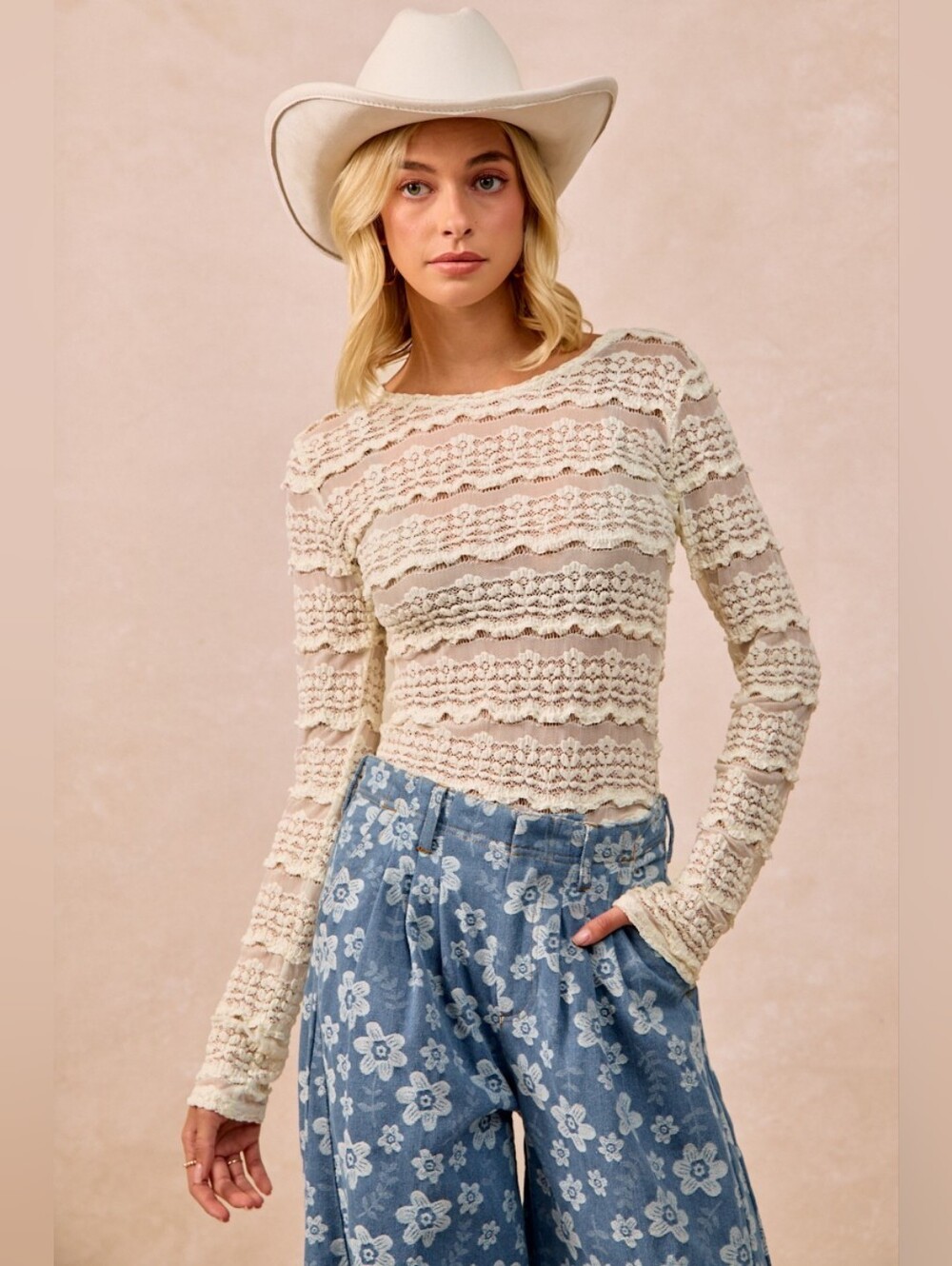 BiBi Ruffles Detail Flower Lace Top- New Arrival Fast Shipping !!